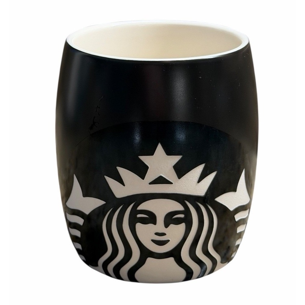 Starbucks Barrel Coffee Mug 2011 Black‎ Etched White Siren Mermaid 12oz Cup